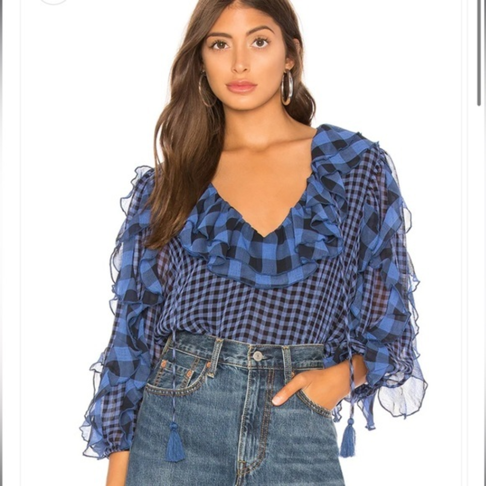 🎉HP🎉 Tularosa Claire Blouse in Blue Check Size Small with‎ Elastic Waist
